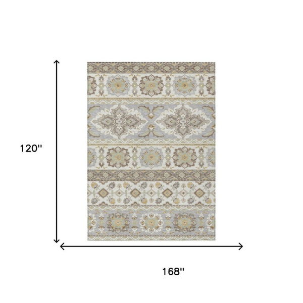 10 X 14 Ivory Silver Tribal Polyester Area Rug Stain Resistant Indoor Outdoor