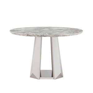 English Elm 47" Round Marble Dining Table - Elegant High Gloss Faux Marble Top & Durable Stainless Steel Base W3456S00008