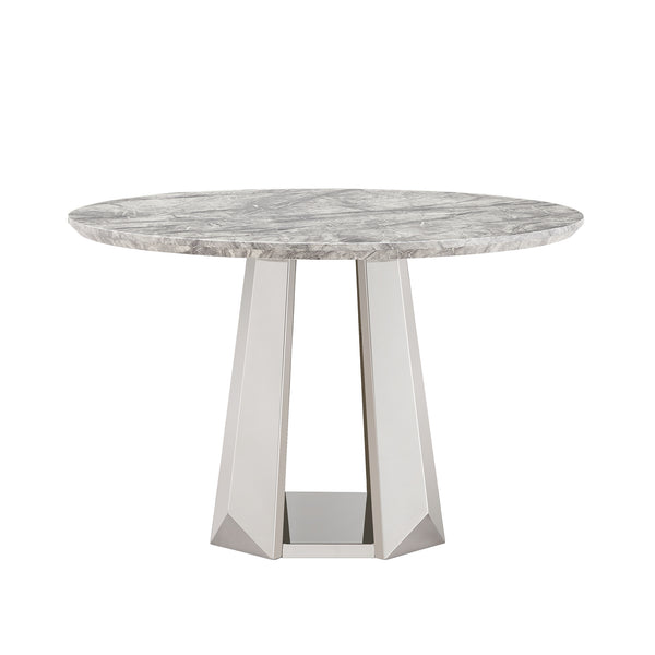 English Elm 47" Round Marble Dining Table - Elegant High Gloss Faux Marble Top & Durable Stainless Steel Base W3456S00008