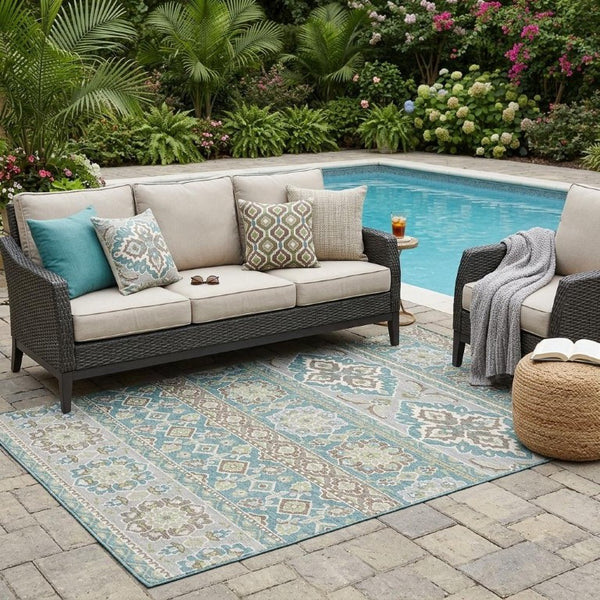 5 X 8 Teal Green Tribal Polyester Area Rug Stain Resistant for Patio or Living Room