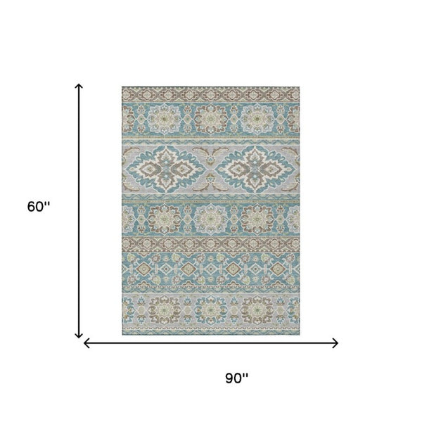 5 X 8 Teal Green Tribal Polyester Area Rug Stain Resistant for Patio or Living Room
