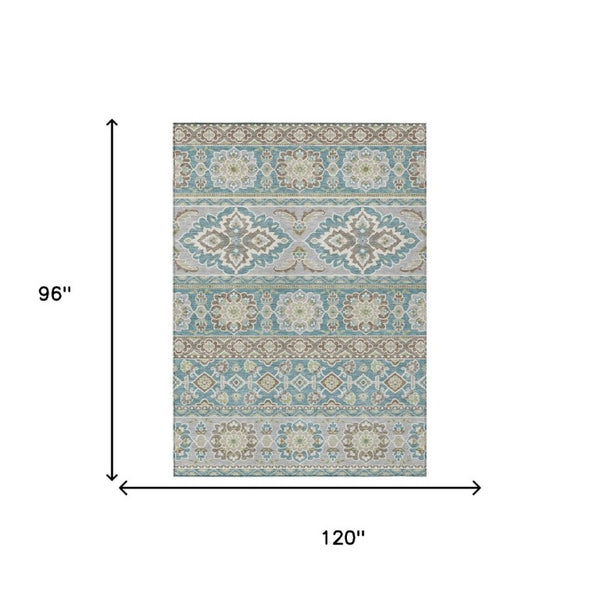 8 X 10 Teal Green Tribal Polyester Area Rug Washable Stain Resistant Indoor Outdoor