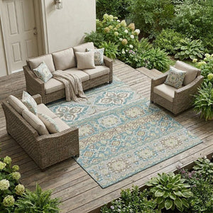 9 X 12 Teal Green Tribal Polyester Area Rug Stain Resistant for Patio or Living Room