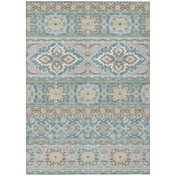 HomeRoots 9 X 12 Teal Green Tribal Polyester Area Rug Stain Resistant for Patio or Living Room 736208