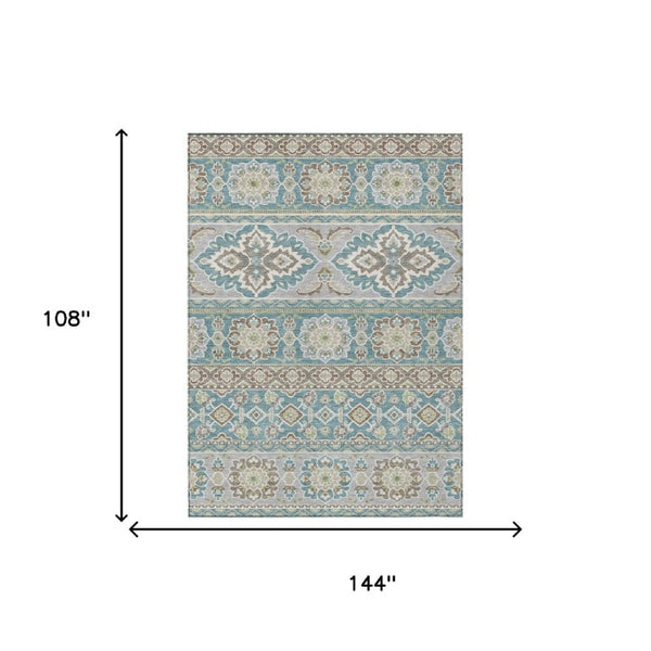 9 X 12 Teal Green Tribal Polyester Area Rug Stain Resistant for Patio or Living Room