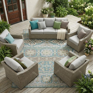 10 X 14 Tribal Teal Polyester Area Rug Washable Stain Resistant Indoor Outdoor