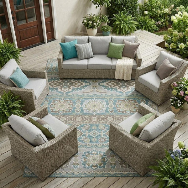 10 X 14 Tribal Teal Polyester Area Rug Washable Stain Resistant Indoor Outdoor