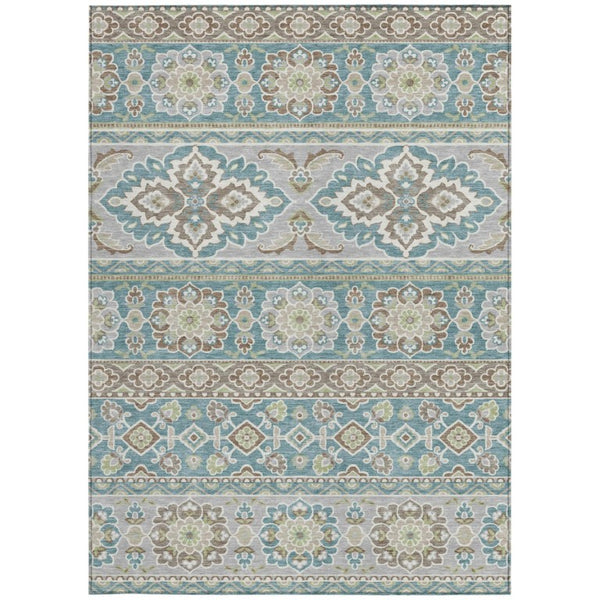 10 X 14 Tribal Teal Polyester Area Rug Washable Stain Resistant Indoor Outdoor