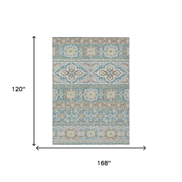 10 X 14 Tribal Teal Polyester Area Rug Washable Stain Resistant Indoor Outdoor