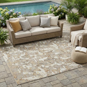 5x8 Abstract Beige Gray Polyester Area Rug Washable Stain Resistant Indoor Outdoor