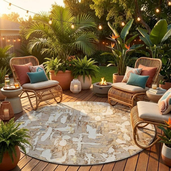8 Ft Round Abstract Polyester Rug Stain Resistant for Indoor Outdoor Use