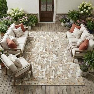 9 X 12 Abstract Beige Gray Polyester Area Rug Washable for Indoor Outdoor Use