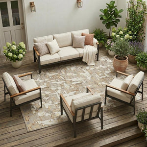 10 X 14 Abstract Beige Gray Washable Polyester Rug for Patio Porch or Living Room