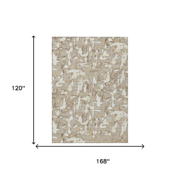 10 X 14 Abstract Beige Gray Washable Polyester Rug for Patio Porch or Living Room