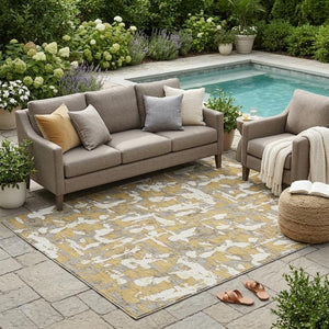 5 X 8 Gold Ivory Abstract Polyester Area Rug Stain Resistant Indoor Outdoor Use