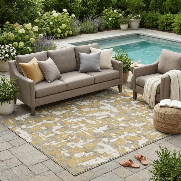 5 X 8 Gold Ivory Abstract Polyester Area Rug Stain Resistant Indoor Outdoor Use