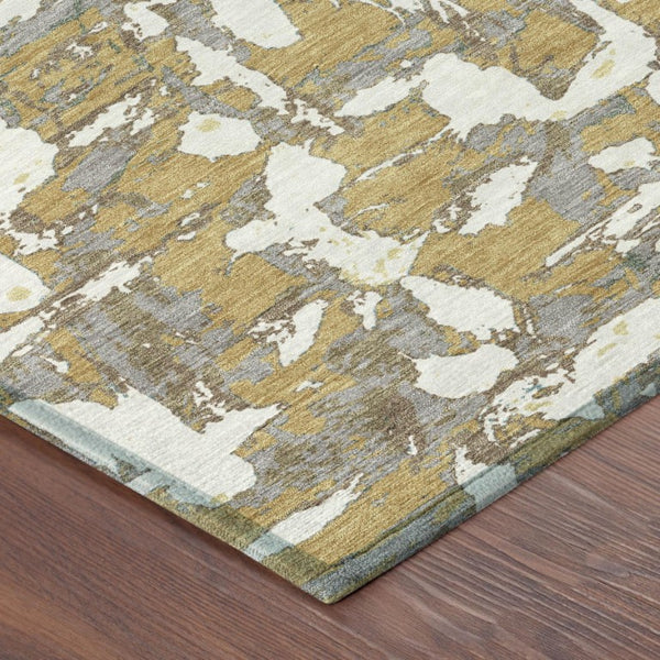 5 X 8 Gold Ivory Abstract Polyester Area Rug Stain Resistant Indoor Outdoor Use