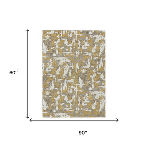 5 X 8 Gold Ivory Abstract Polyester Area Rug Stain Resistant Indoor Outdoor Use
