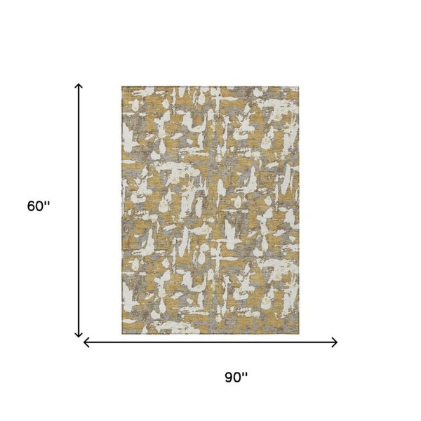 5 X 8 Gold Ivory Abstract Polyester Area Rug Stain Resistant Indoor Outdoor Use