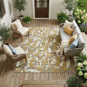 8 X 10 Gold Ivory Abstract Polyester Area Rug Stain Resistant Indoor Outdoor