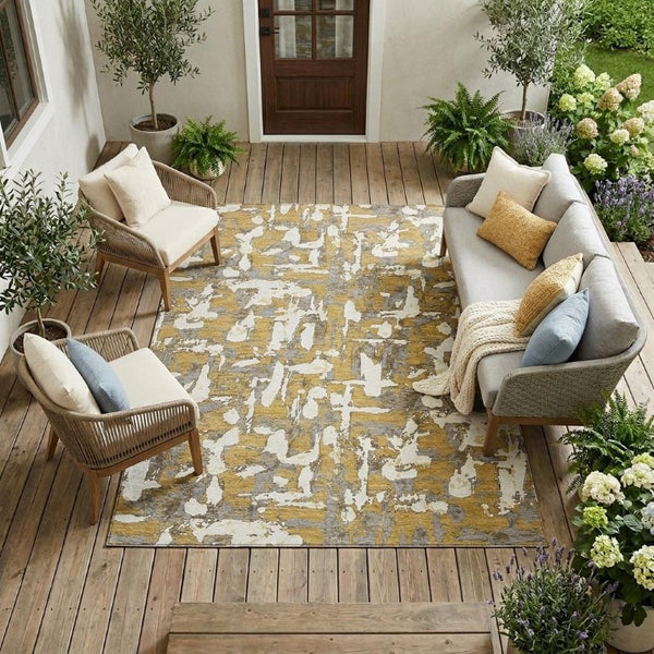 8 X 10 Gold Ivory Abstract Polyester Area Rug Stain Resistant Indoor Outdoor