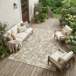 10 X 14 Abstract Ivory Beige Polyester Area Rug Stain Resistant Indoor Outdoor
