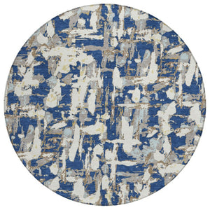HomeRoots 8 Foot Round Abstract Polyester Area Rug Washable Navy Beige Patio or Family Room 736254