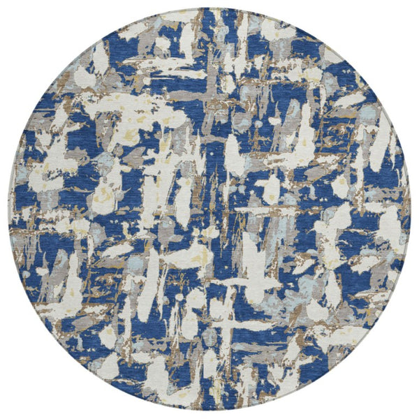 HomeRoots 8 Foot Round Abstract Polyester Area Rug Washable Navy Beige Patio or Family Room 736254