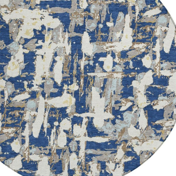8 Foot Round Abstract Polyester Area Rug Washable Navy Beige Patio or Family Room