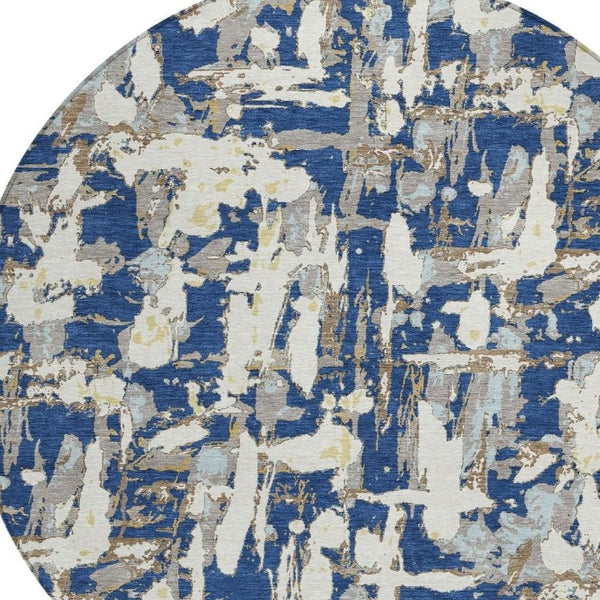 8 Foot Round Abstract Polyester Area Rug Washable Navy Beige Patio or Family Room
