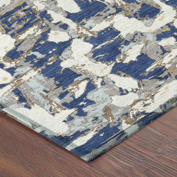 8 Foot Round Abstract Polyester Area Rug Washable Navy Beige Patio or Family Room