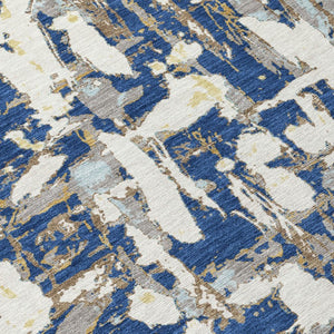 8 Foot Round Abstract Polyester Area Rug Washable Navy Beige Patio or Family Room