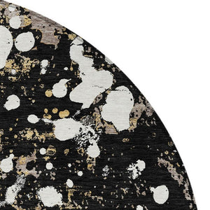 8 Foot Round Abstract Polyester Area Rug Washable Geometric Black Silver Patio