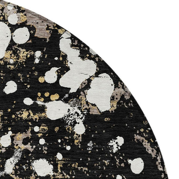 8 Foot Round Abstract Polyester Area Rug Washable Geometric Black Silver Patio