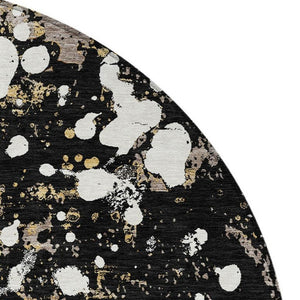 8 Foot Round Abstract Polyester Area Rug Washable Geometric Black Silver Patio