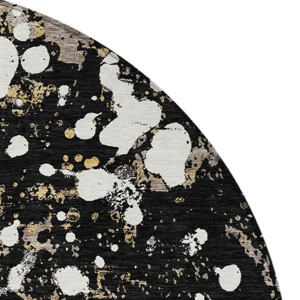 8 Foot Round Abstract Polyester Area Rug Washable Geometric Black Silver Patio