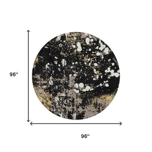 8 Foot Round Abstract Polyester Area Rug Washable Geometric Black Silver Patio