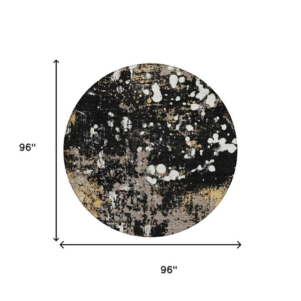 8 Foot Round Abstract Polyester Area Rug Washable Geometric Black Silver Patio