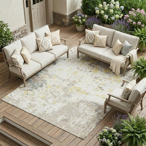 10 X 14 Ivory Beige Abstract Polyester Area Rug Washable for Indoor Outdoor Use