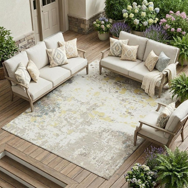 10 X 14 Ivory Beige Abstract Polyester Area Rug Washable for Indoor Outdoor Use