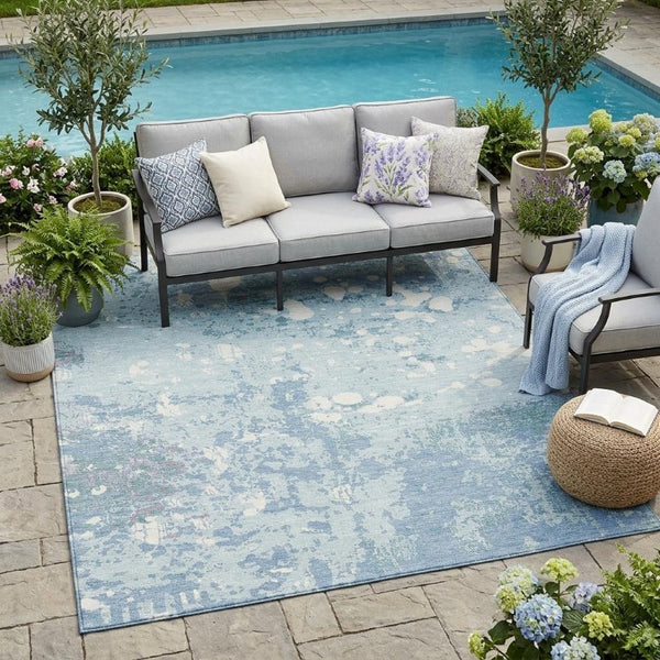 5x8 Sky Blue Beige Abstract Polyester Area Rug Washable for Indoor Outdoor Use