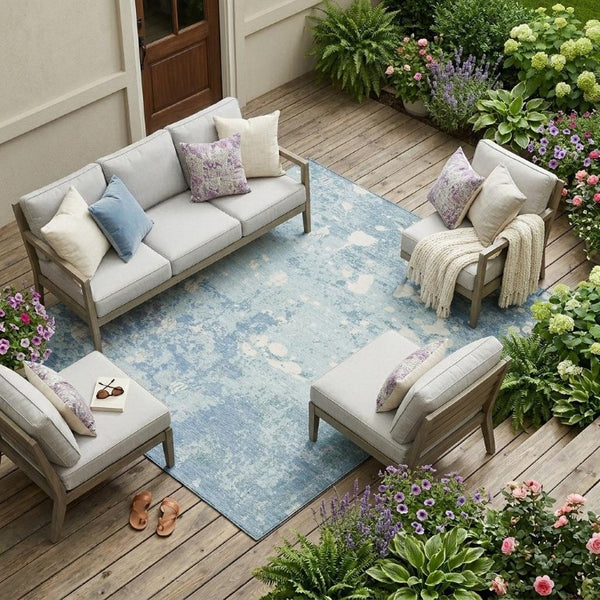 10 X 14 Sky Blue Beige Abstract Polyester Area Rug for Patio Porch or Living Room