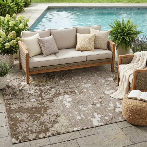 5 X 8 Taupe Ivory Abstract Polyester Washable Rug for Patio Porch or Living Room