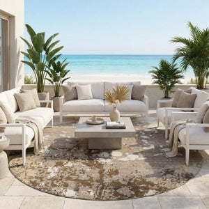 8 Foot Round Abstract Polyester Rug Washable Stain Resistant Indoor Outdoor Patio