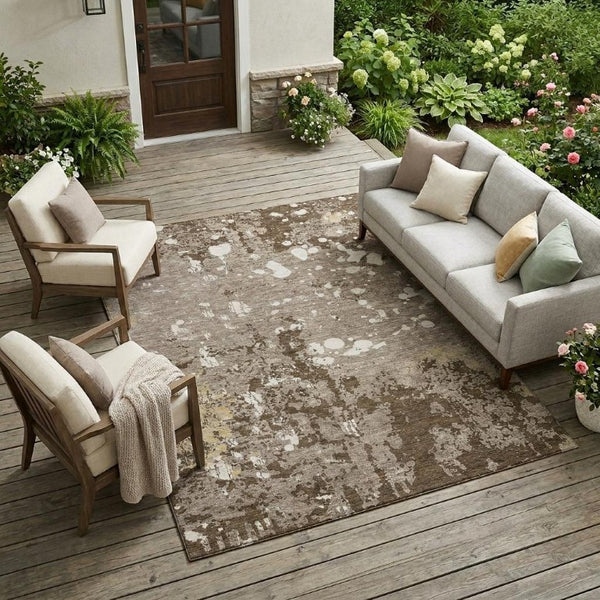 9x12 Abstract Taupe Ivory Polyester Area Rug Washable for Indoor Outdoor Spaces