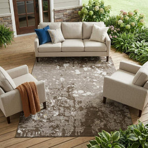 10 X 14 Taupe Ivory Abstract Polyester Area Rug Washable for Indoor Outdoor Use