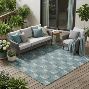5 X 8 Teal Gray Geometric Polyester Area Rug Washable Stain Resistant Indoor Outdoor