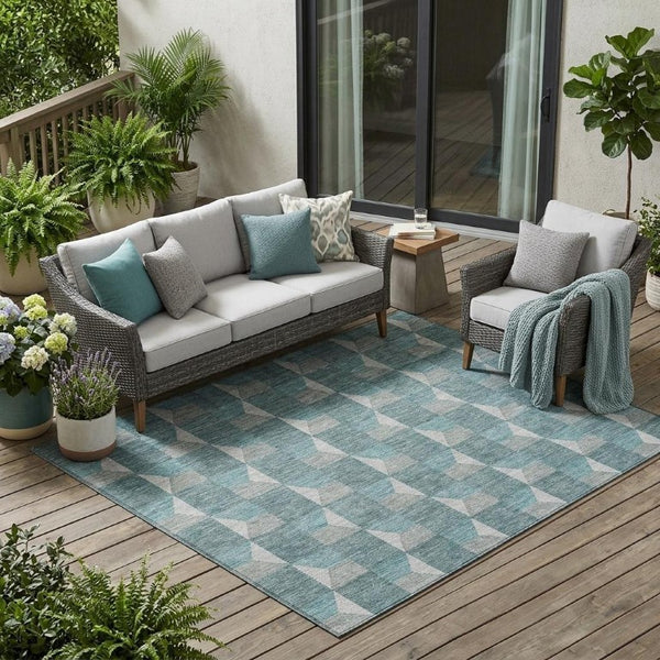 5 X 8 Teal Gray Geometric Polyester Area Rug Washable Stain Resistant Indoor Outdoor