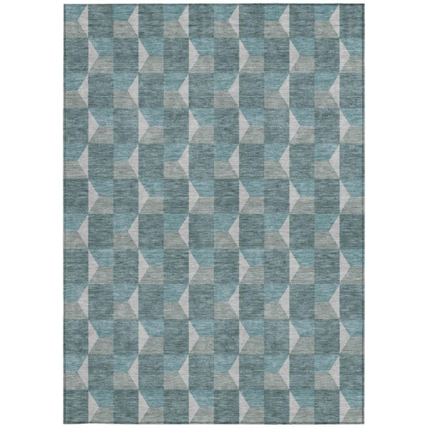 5 X 8 Teal Gray Geometric Polyester Area Rug Washable Stain Resistant Indoor Outdoor