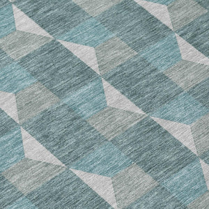 5 X 8 Teal Gray Geometric Polyester Area Rug Washable Stain Resistant Indoor Outdoor